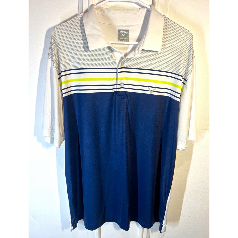Callaway Opti-Dri Golf Polo Men's Large Navy White Yellow Striped Performance